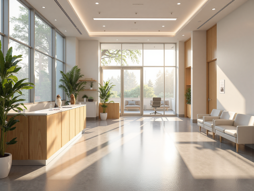 现代化医院建筑，医疗大楼外观设计，周围绿化环境，蓝天白云背景