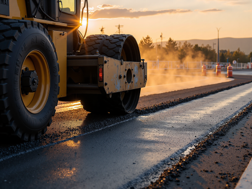 城市道路建设工程现场，大型施工机械作业，宽阔的道路路面，施工现场环境