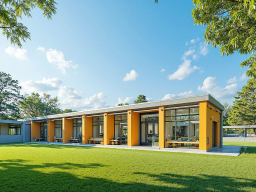 现代化学校建筑群，教学楼与宿舍楼错落有致，校园绿化环境，阳光明媚的白天场景