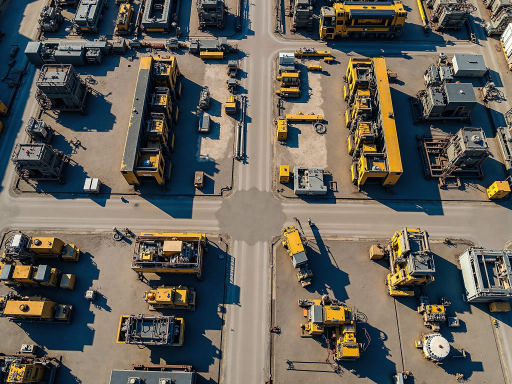 现代化建筑工地鸟瞰图，多台施工机械协同作业，蓝天白云背景，展现未来建筑工地场景